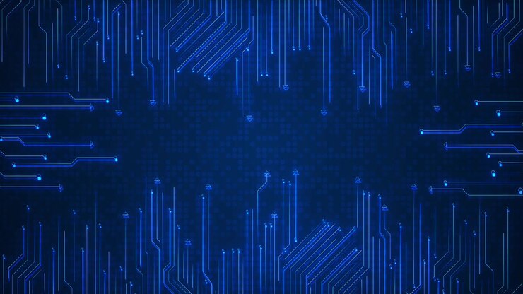 Digital circuit direction flow visual with blue arrows glowing routes and clean technology center