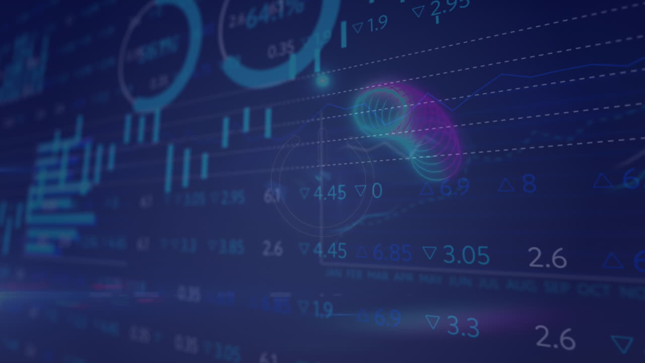 animación del procesamiento de datos estadísticos sobre el icono del botón de encendido brillante contra un fondo azul.