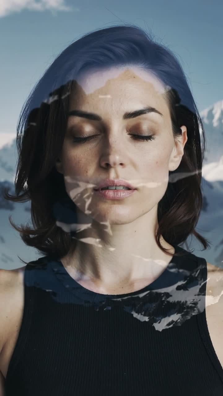 Vertical video: Mountain overlay appearing over woman in black top eyes closed in set for composite
