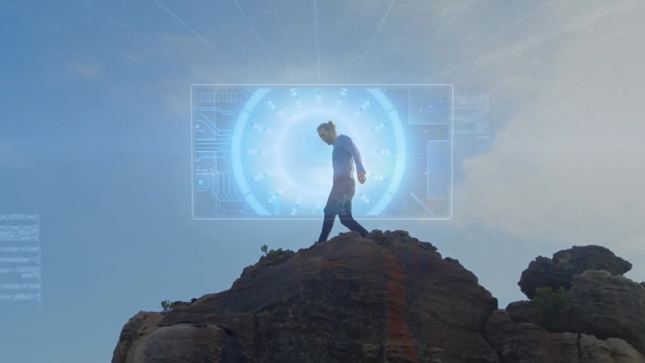 산의 인간에 대한 범위 스캐닝과 데이터 처리 애니메이션