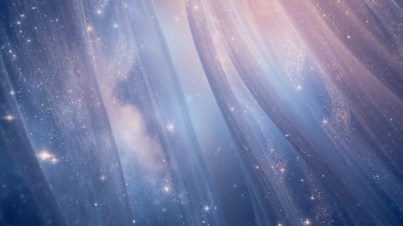미풍에 따라 움직이는 투명한 반짝이 커튼이 백라이트에서 움직이고, 분홍색으로 빛나는 보케가 보여요.