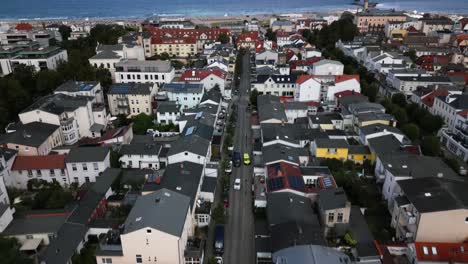 houses-on-the-coast,-beach-view,-city,-baltic-sea,-warnemünde,-drone