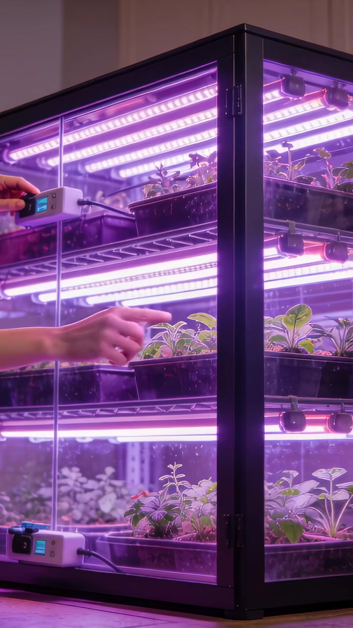 Vertikales Video: Gärtner drückt Messgerät, überprüft Setzlinge in einem Wachstumsschrank und überwacht violette LEDs.