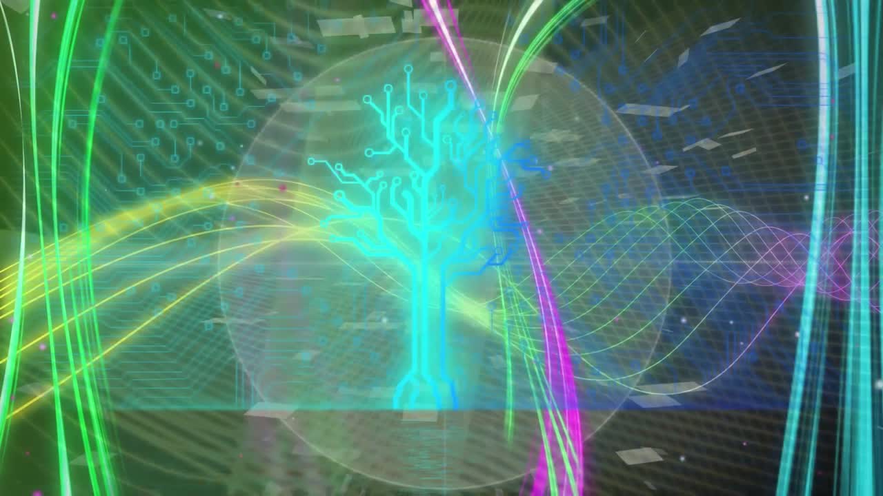 animación de rastros de luz sobre una placa de circuito de computadora sobre un fondo negro