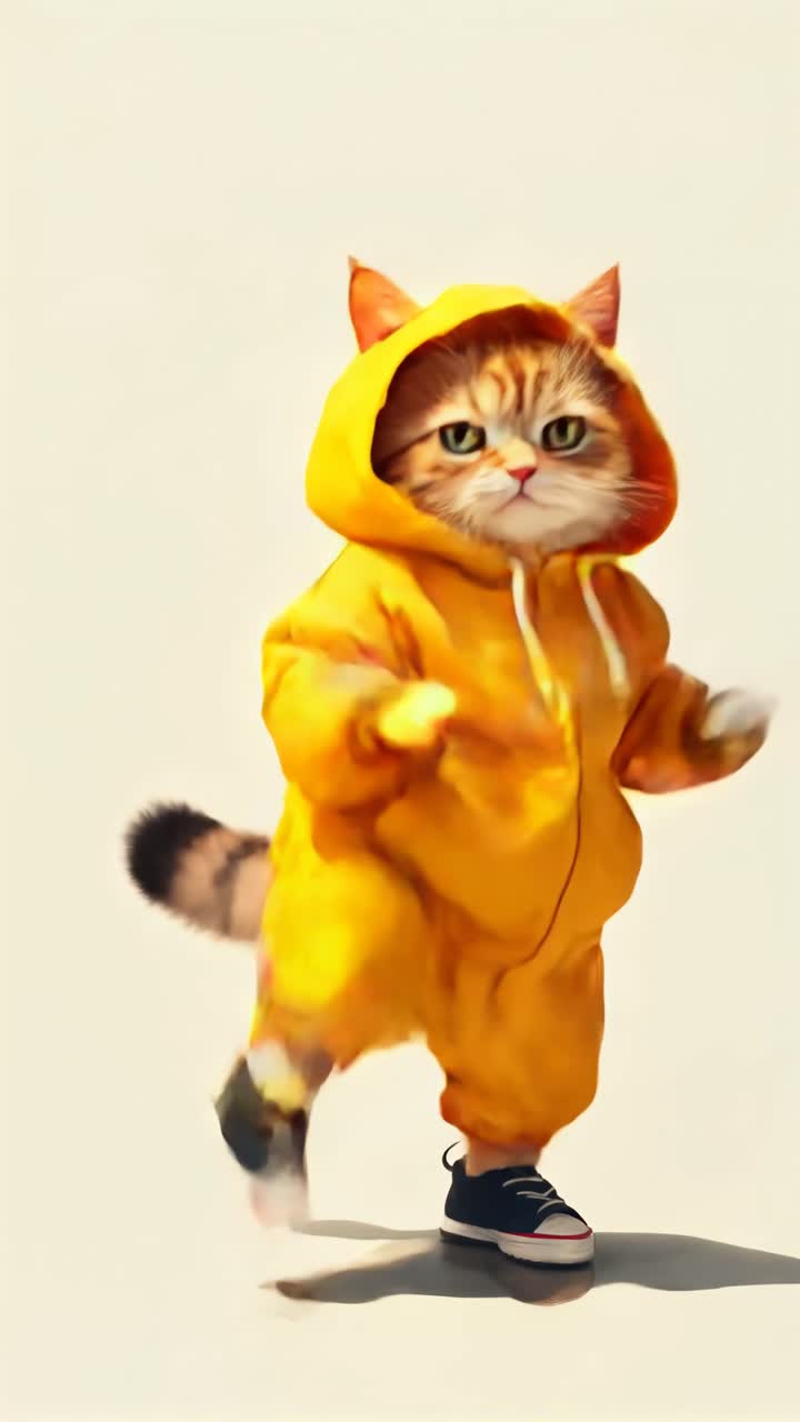 Seekor kucing lucu mengenakan hoodie kuning dan sepatu kets, tertangkap sedang melangkah