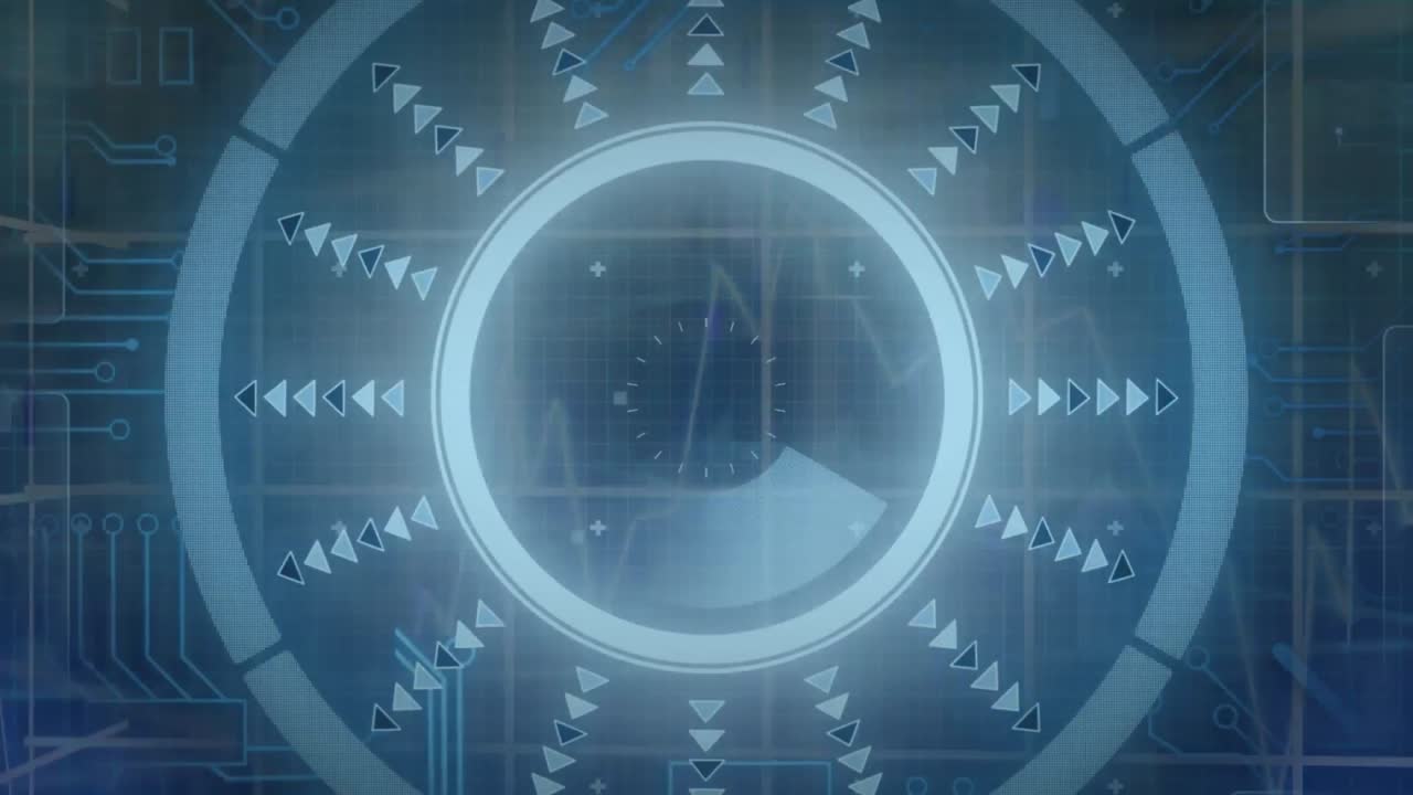 animación de flechas y alcance, procesamiento de datos financieros sobre fondo azul.