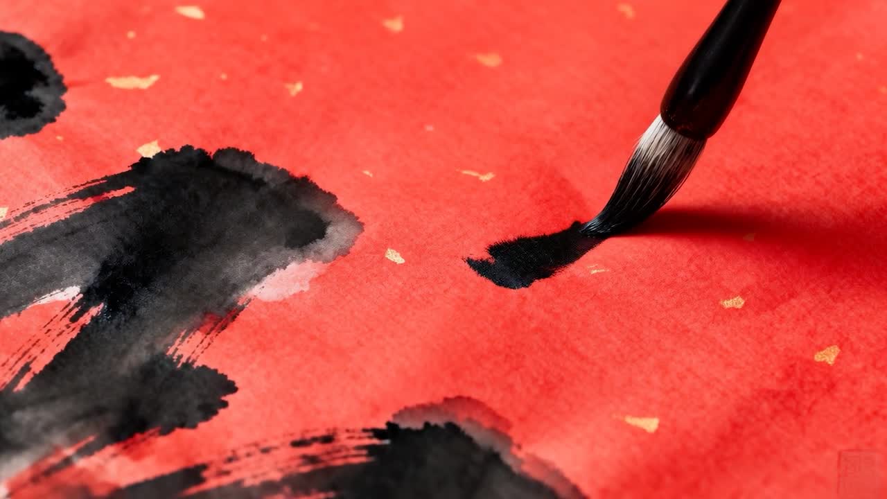 Pennello a inchiostro che aggiunge una traccia nera accanto a campiture su carta rossa con macchie dorate, spazio per il testo
