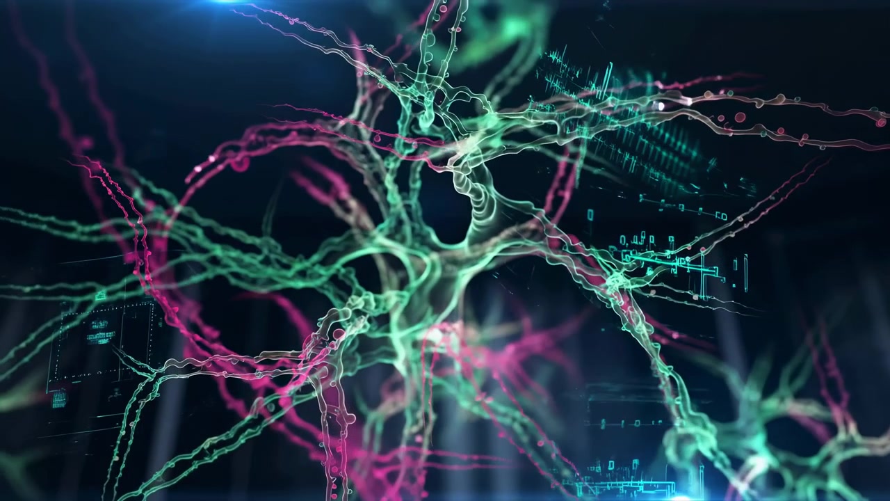 Abstract futuristic scene with green and magenta branching light paths forming a glowing network across a dark background, with small interface elements