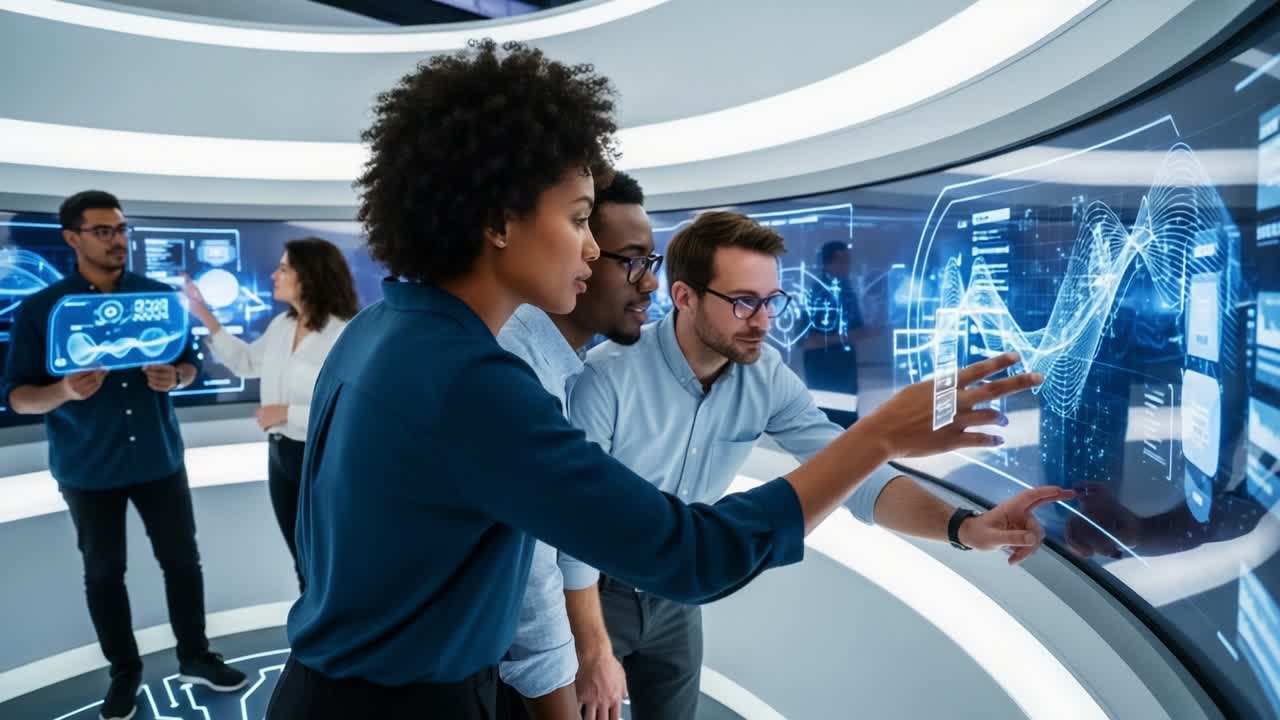 A dynamic group of professionals engaged in a collaborative analysis using advanced data visualization technology in a modern workspace, showcasing innovation and teamwork in action