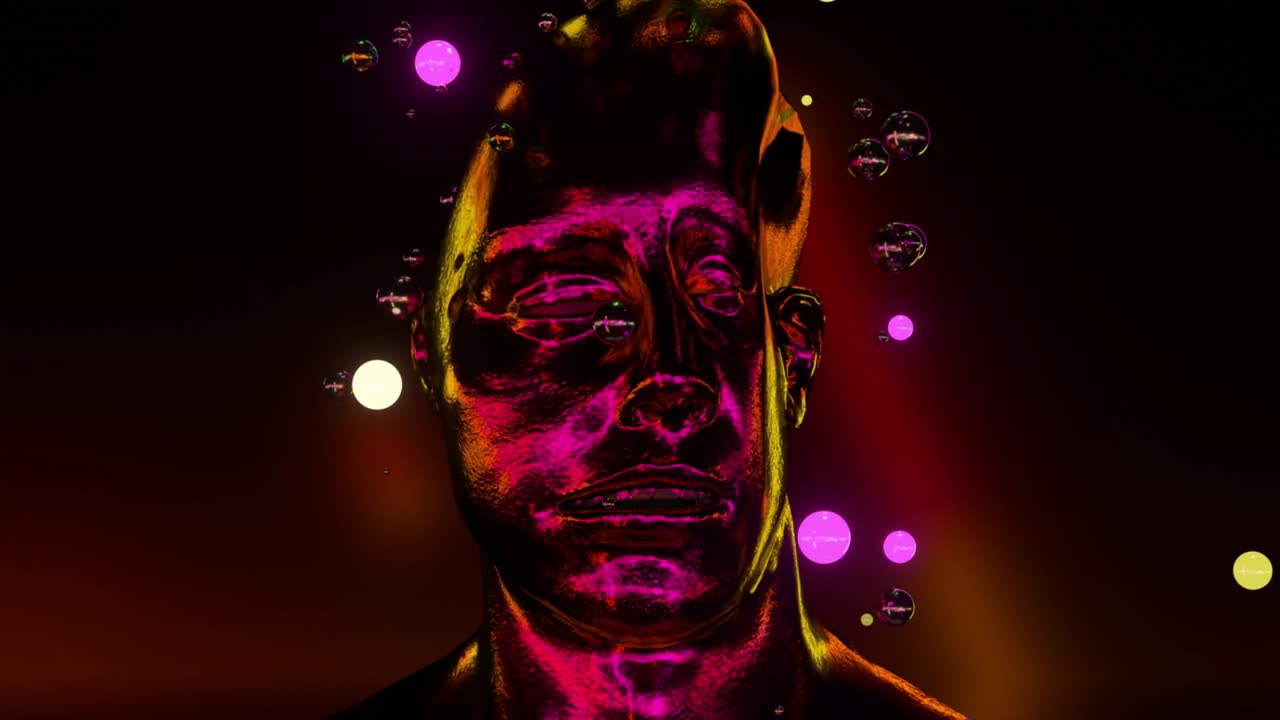 divertida animación 3d de una cara de metal blando arrugado. la cara de cromo humano está arrugada. concepto de descanso y relajación. una ducha de esferas se derrama sobre mi cabeza. renderizado 3d de bucle sin costuras.