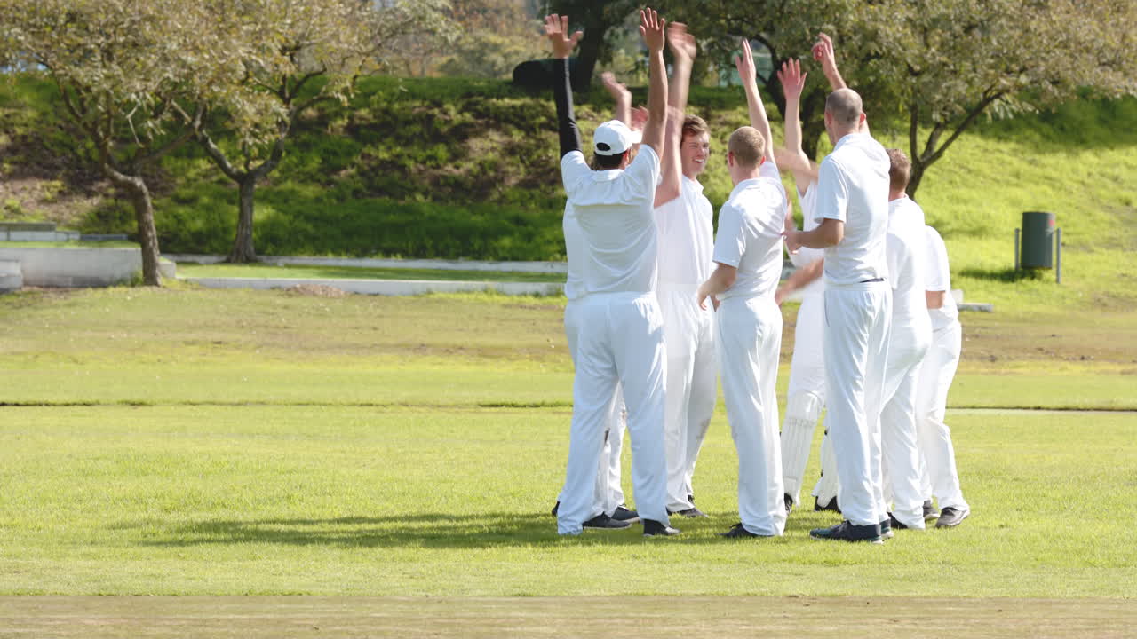 Teams of multiracial male cricket players wearing cricket white on pitch