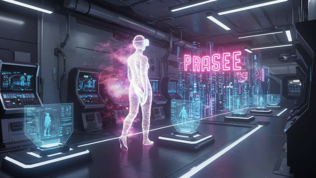 A Futuristic Virtual Reality Environment Featuring a Holographic Figure Navigating Through a High-Tech Neon-Illuminated Space with Interactive Displays