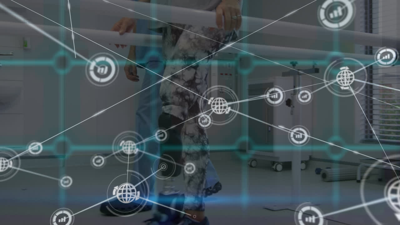 디지털 아이콘의 네트워크에서 남성 의사와 함께 걸어가는 인공 다리를 가진 백인 여성 환자