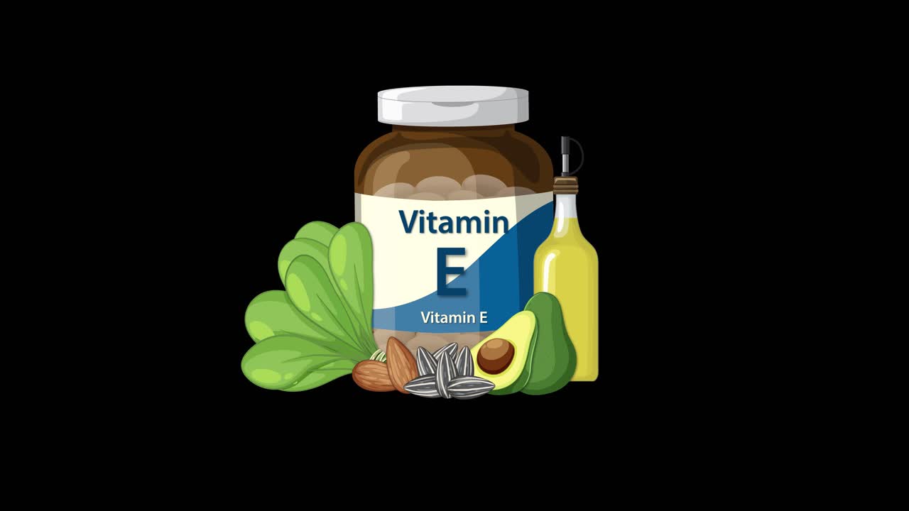 Vitamin E bottle animates with leafy greens, avocado, nuts, and oil on a black background
