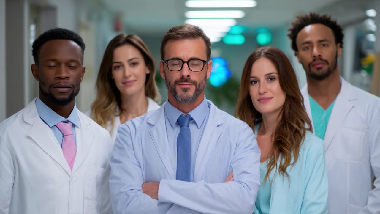 A Diverse Team of Medical Professionals Standing Confidently in a Hospital Corridor, Each Wearing White Lab Coats, Showcasing Their Expertise and Commitment to Healthcare Excellence in This Challenging Environment