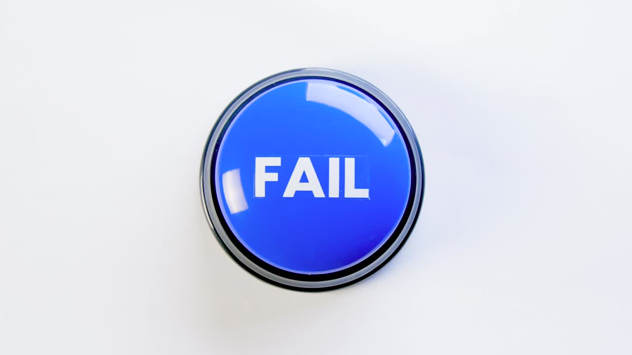 Pushing, hitting a big blue glossy fail button on white background. Woman pressing the fail meme button with finger, hand and fist. Concept of failing, bad luck, losing the game. Something went wrong.