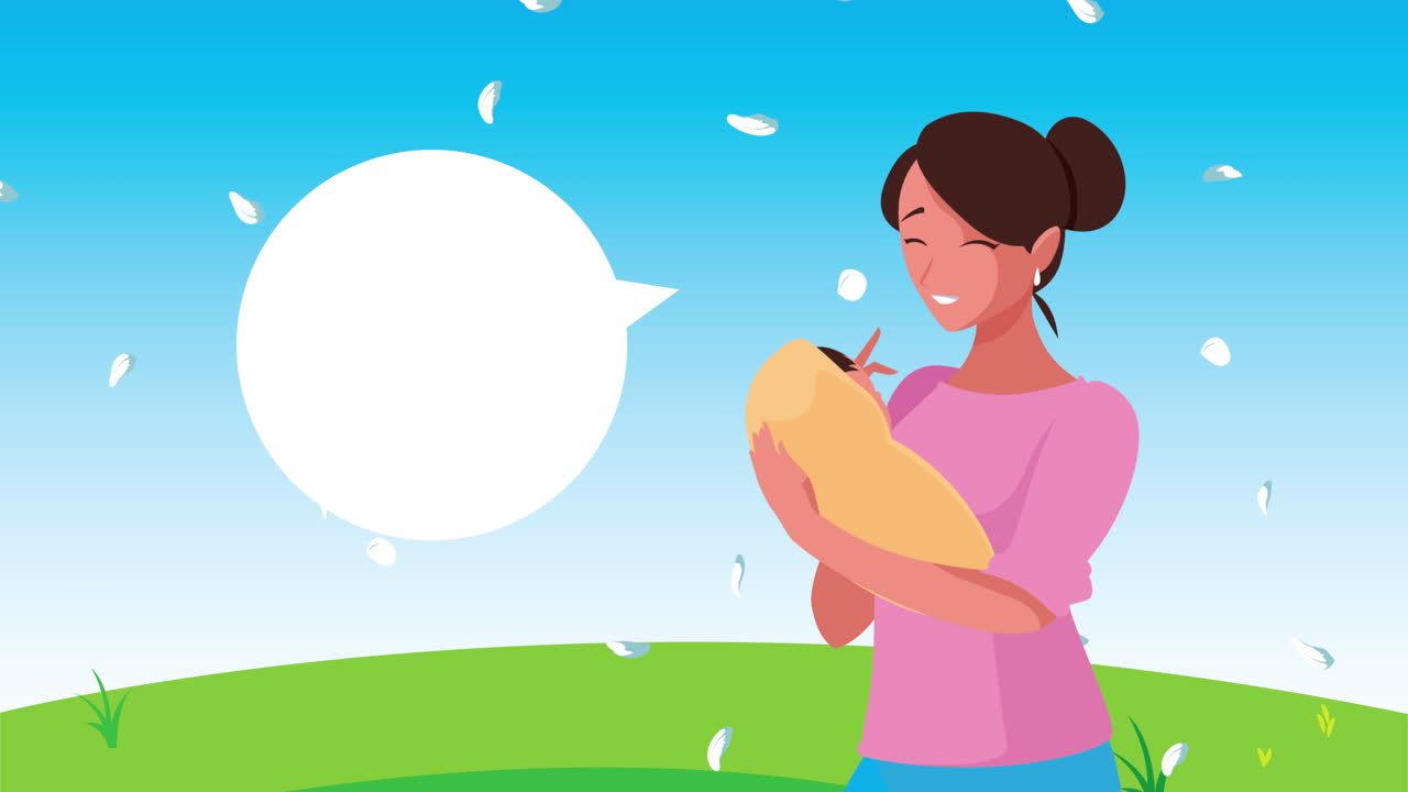 캠프에서 아기를 들고 있는 어머니와 함께 축하하는 어머니의 날