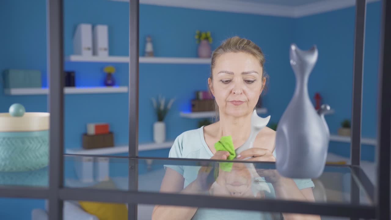 여자가 다스터로 청소하고 있습니다.