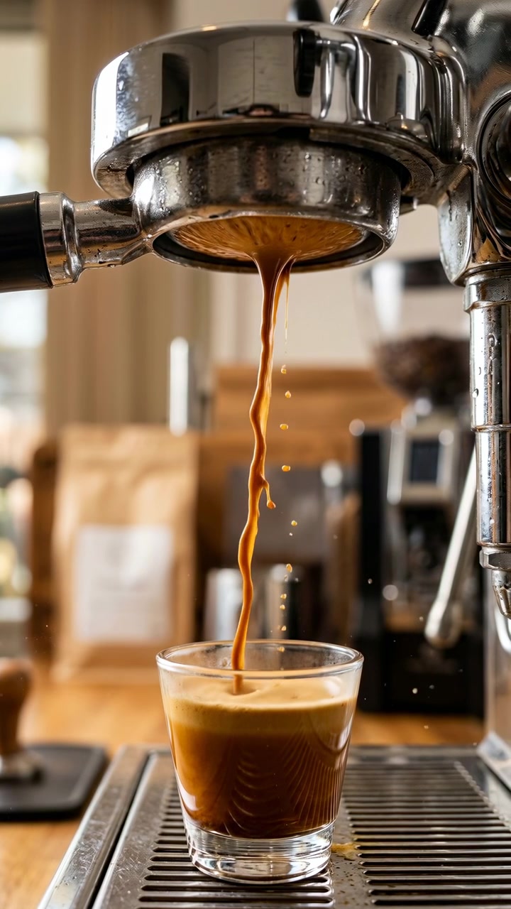 Primo piano dal basso che mostra l'espresso che scorre da un portafiltro cromato in un bicchiere trasparente su un vassoio raccogligocce di metallo, con un sottile flusso di caffè, goccioline sospese, una crema ricca, riflessi lucidi e una calda atmosfera da caffè.