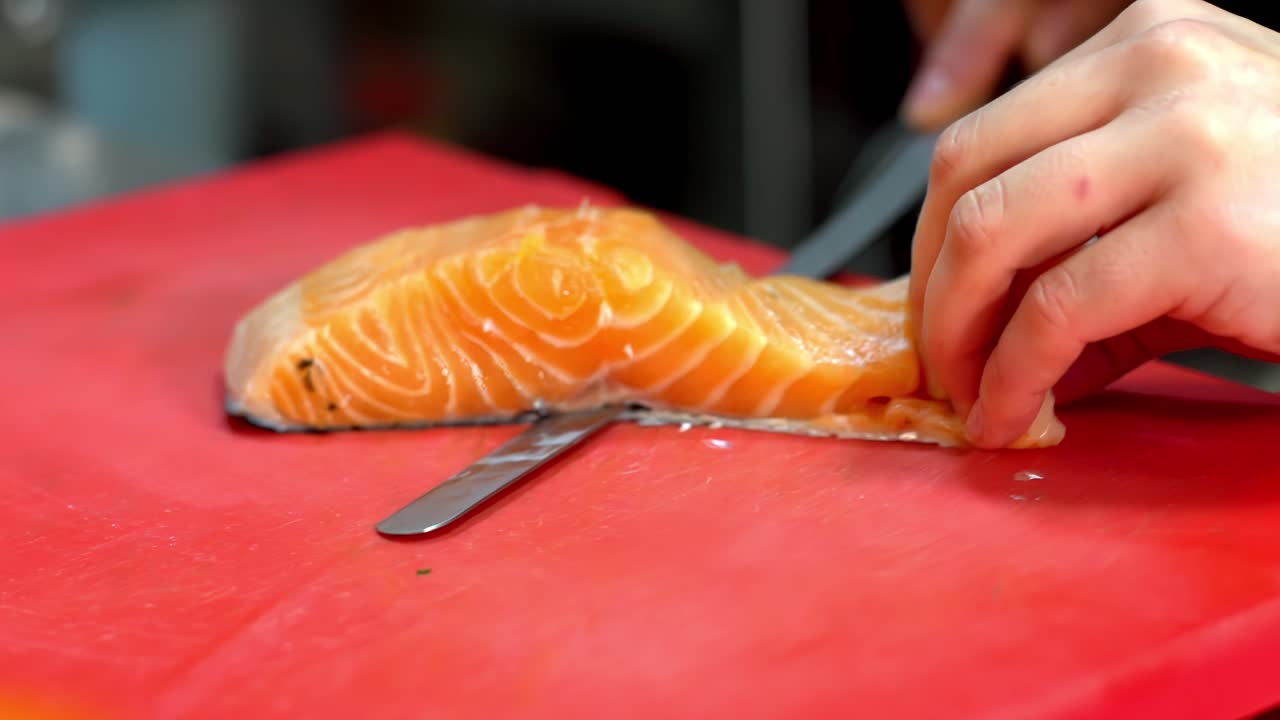 A close-up shot shows a professional chef's hands skillfully using a long filleting knife to slice the skin away from a fresh, raw salmon fillet on a red cutting board