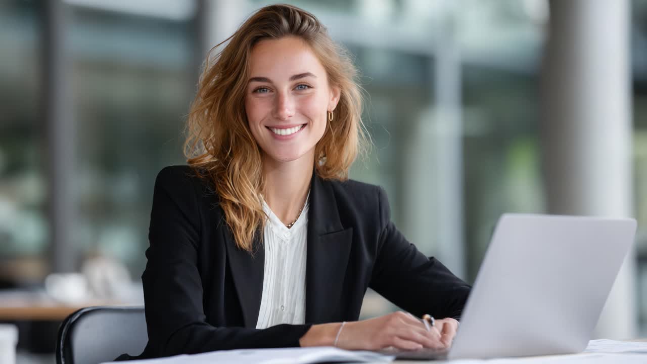 Donna in carriera sicura di sé alla scrivania, che sorride mentre usa il laptop in un moderno ambiente d'ufficio, a dimostrazione di coinvolgimento e produttività in un contesto aziendale