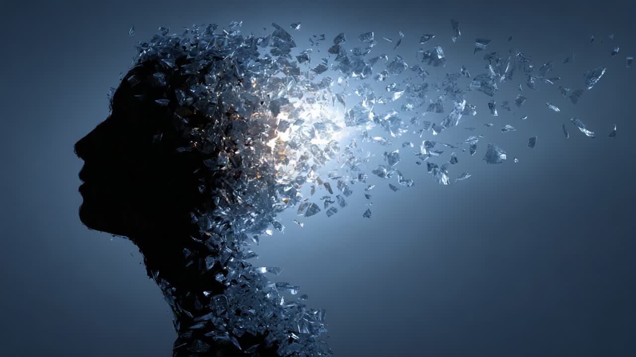 Una Profonda Opera d'Arte Concettuale che Rappresenta la Dissoluzione dell'Identità Umana e della Memoria Attraverso la Frammentazione e la Silhouette Astratta in un'Atmosfera Misteriosa
