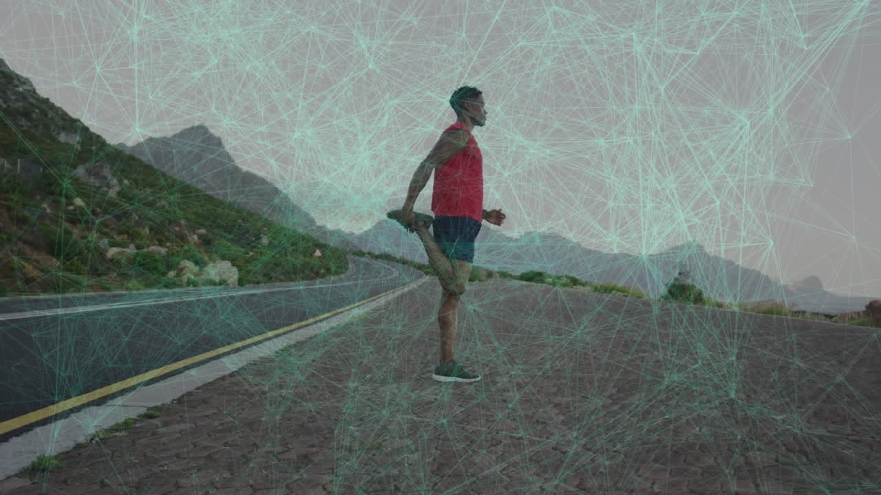 Male runner doing quad stretch on lot preparing for fitness run with animated route tracing road