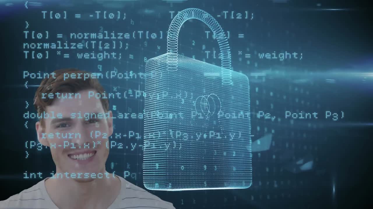 animación de un hombre caucásico sonriente con datos digitales e icono de seguridad flotando sobre un fondo negro