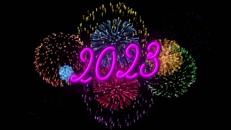 Animation-of-2023-text-over-fireworks-on-black-background