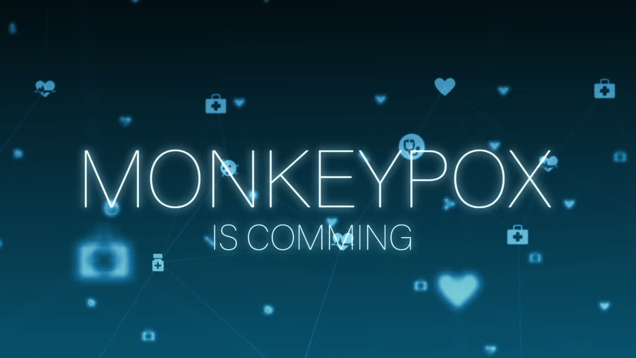 animación de texto de viruela del mono e iconos médicos sobre fondo azul