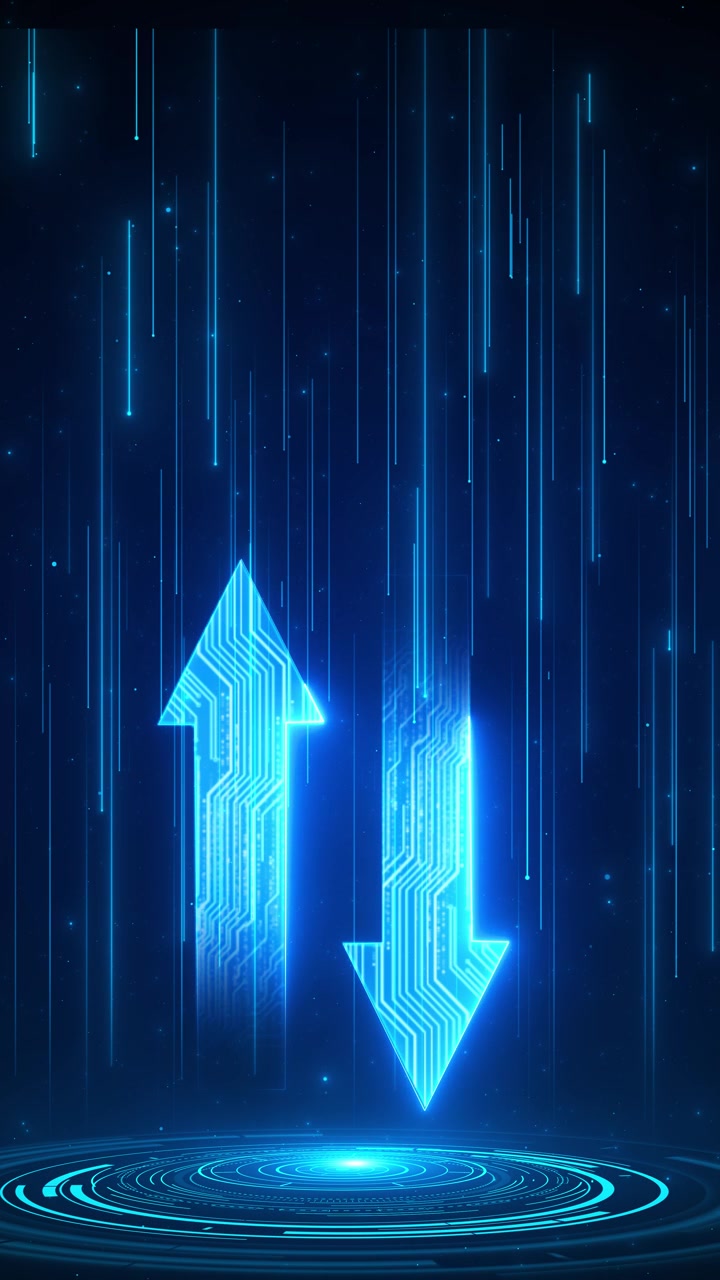 Futuristic blue data exchange scene neon arrows circuit patterns falling digital lines circular