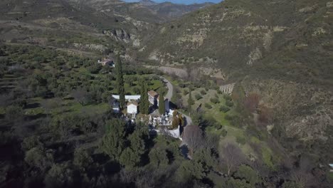 Aerial-shot-of-an-old-spanish-cemetery-in-the-mountains