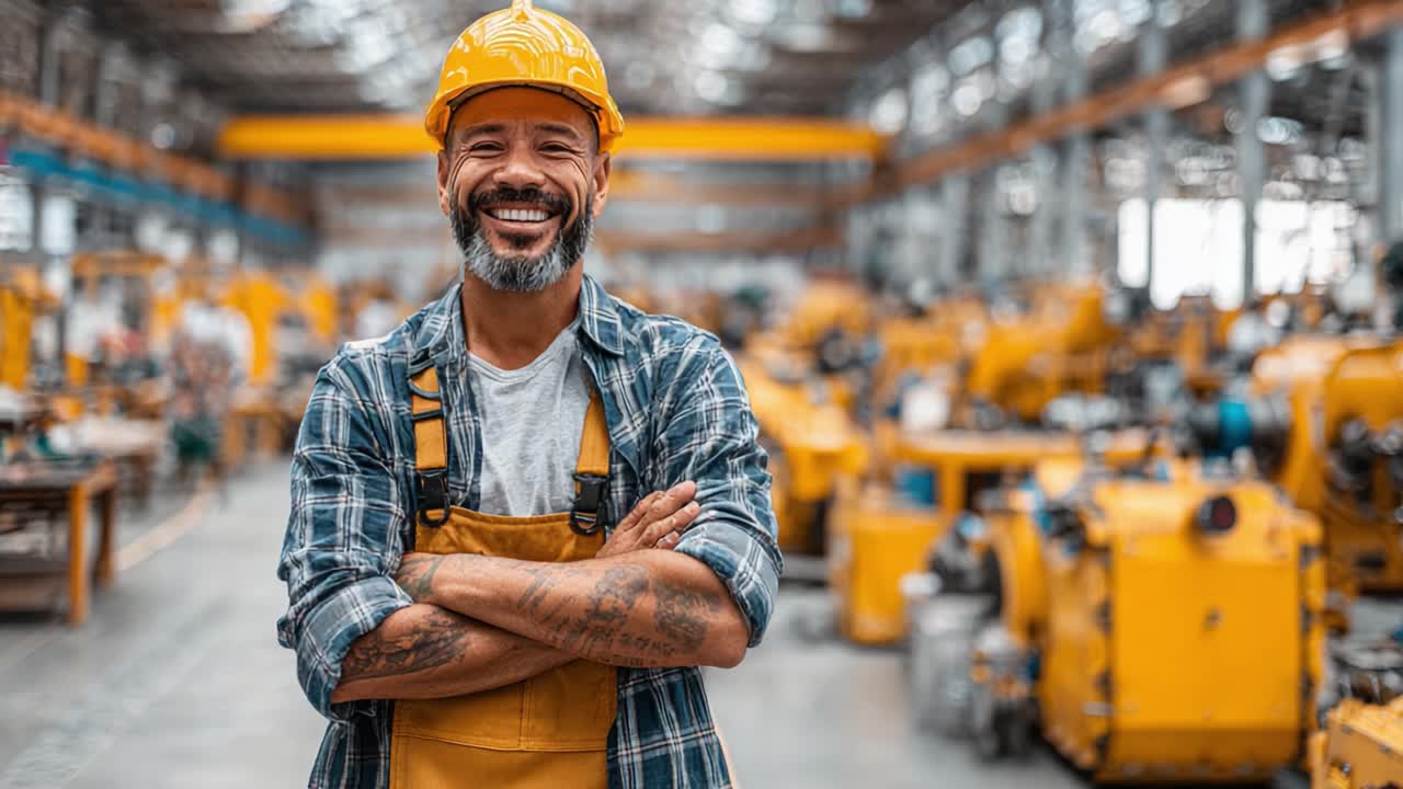 Um trabalhador confiante demonstra seu orgulho em uma movimentada fábrica, destacando a importância do trabalho artesanal e do trabalho em equipe em um ambiente industrial próspero