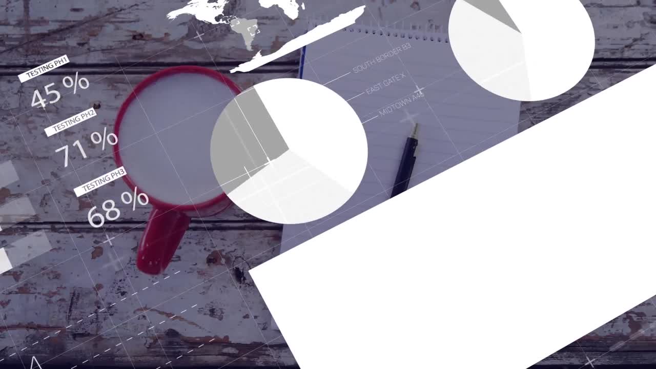 Animation of statistical data processing against mug, blank diary and pen on wooden surface