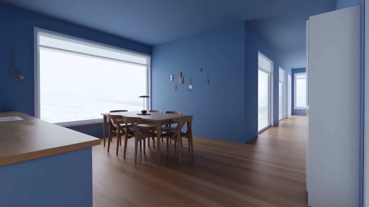 Modern Blue Interior with Dining Area and Snowy Landscape View