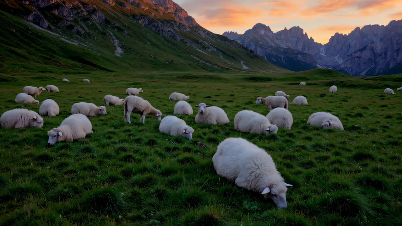 Sheep Grazing in a Mountain Meadow at Sunset