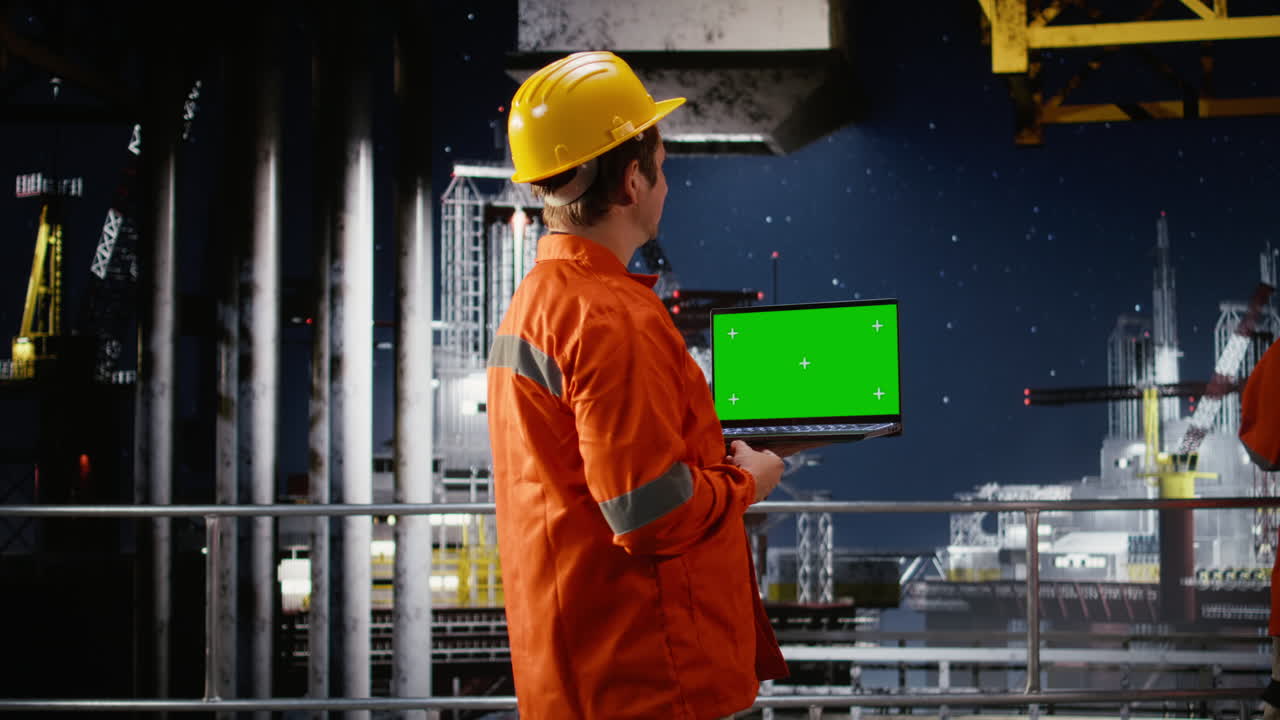 Chroma key next to industrial engineers oversee oil and fuel extraction