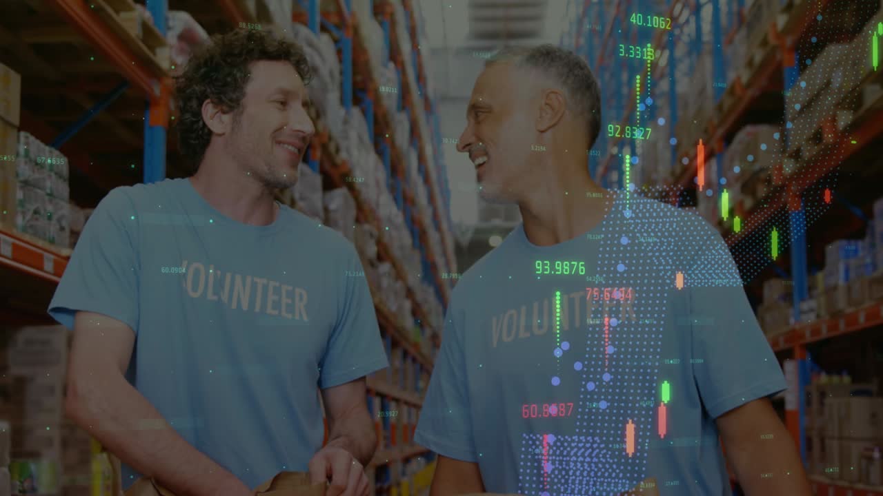 Animation of financial data processing over diverse volunteers in warehouse