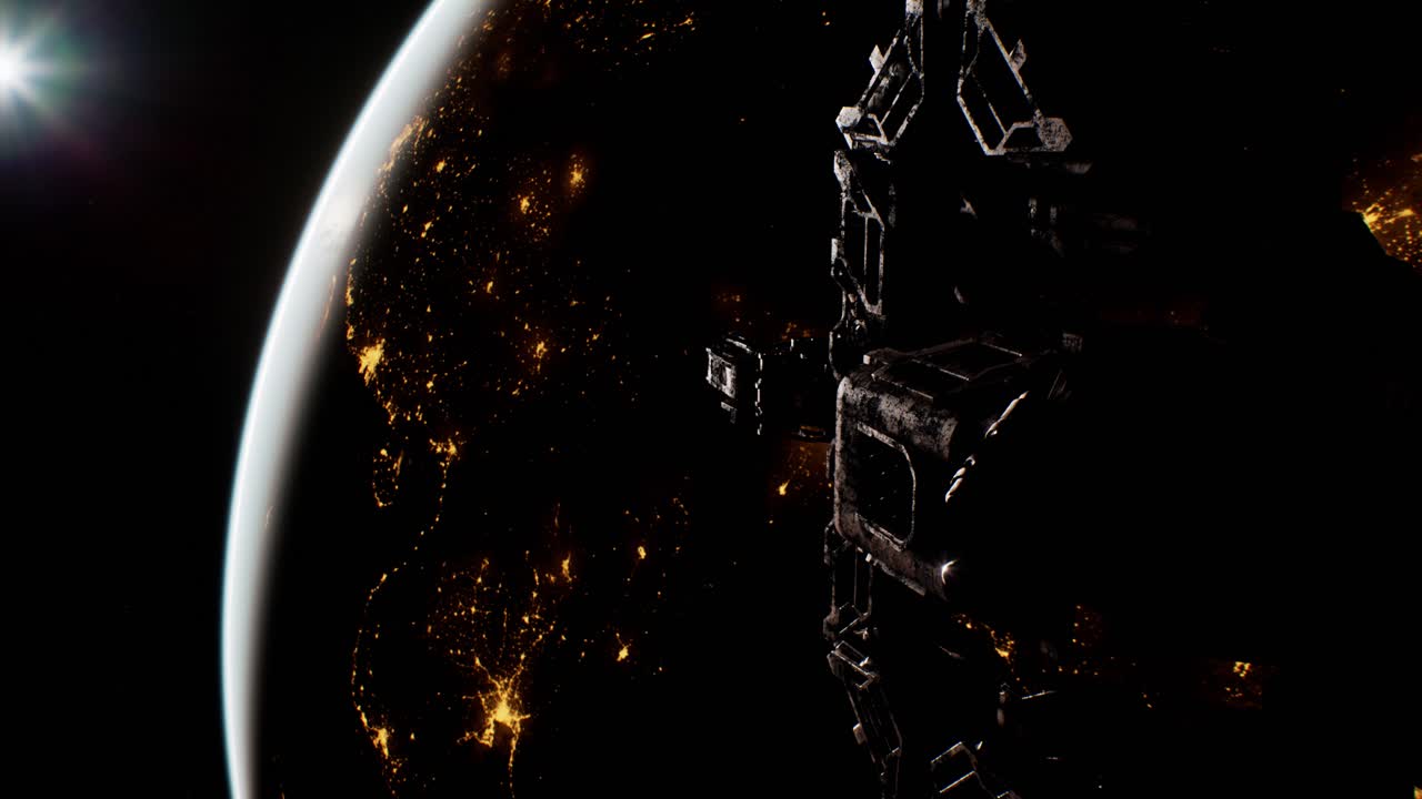 vuelo de la estación espacial en el fondo del sol naciente