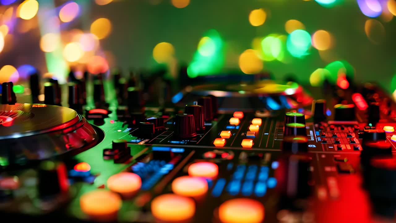 un mezclador de dj con luces de colores en el fondo