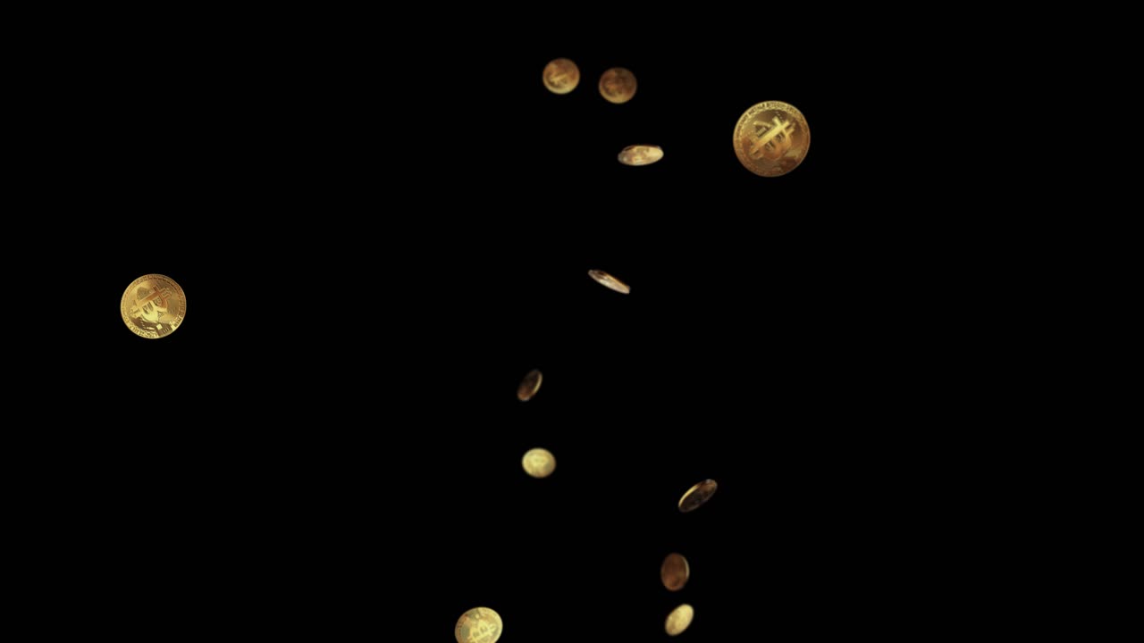 Realistic 3d detailed bitcoin falling green screen loop animation background fast growth success or