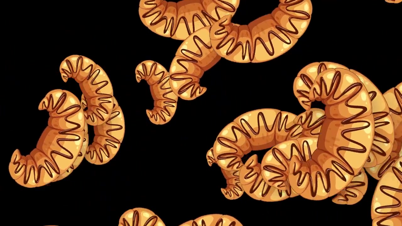 Croissant a fumetto con glassa al cioccolato che esplodono e fluttuano su uno sfondo scuro in animazione 2D