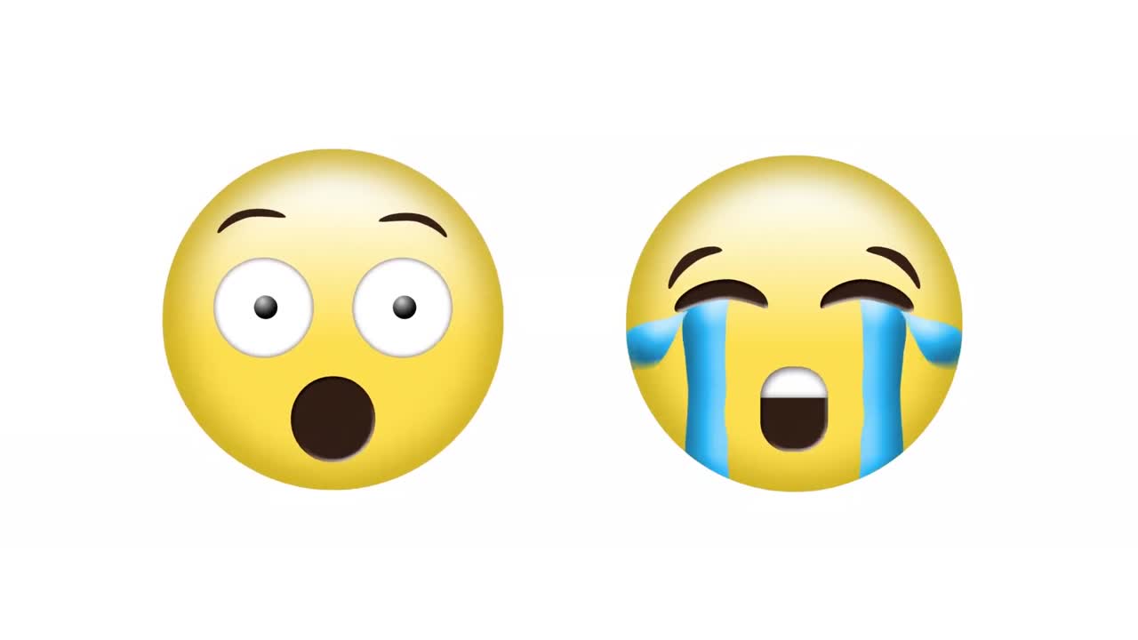 animación de emoji sorprendidos y llorando iconos de emoji de redes sociales sobre fondo blanco