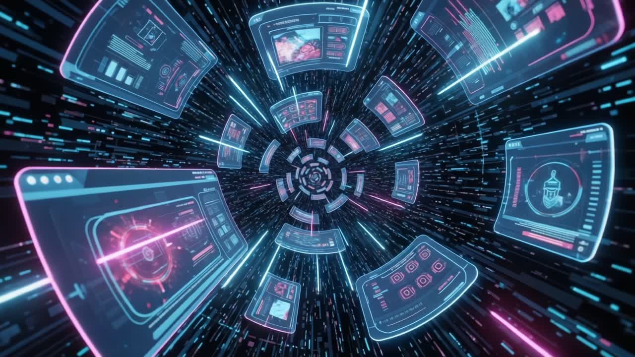 A Dynamic Visualization of Data Flow and Digital Interfaces in a Futuristic Cybernetic Environment, Featuring Animated Screens and Vivid Visual Effects