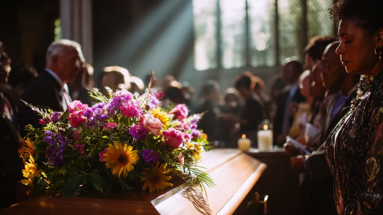 Una scena cupa, ma dalla composizione meravigliosa, cattura un momento di ricordo, mostrando una vivace composizione floreale sopra una bara, circondata da persone care in lutto in uno spazio ben illuminato e pieno di emozione