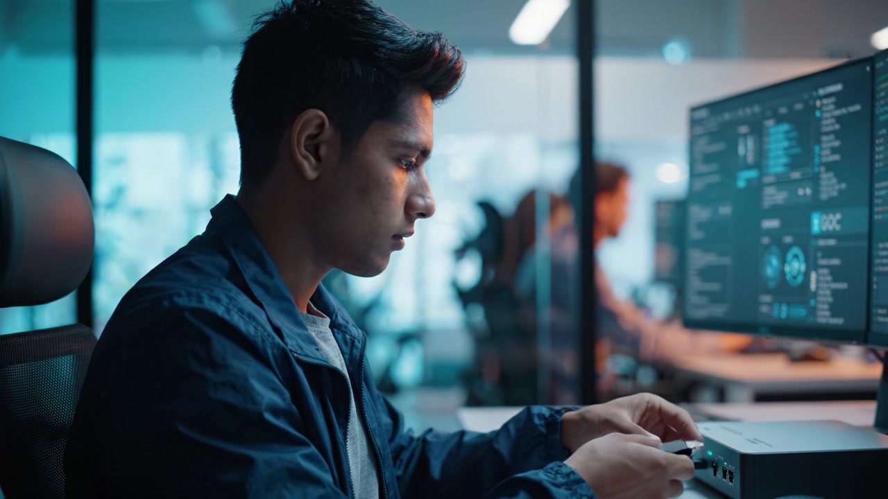 Focused Young Professional Analyzing Data on Smartphone While Working at Desk in Modern Office Environment with Advanced Technology Screens and Colleagues