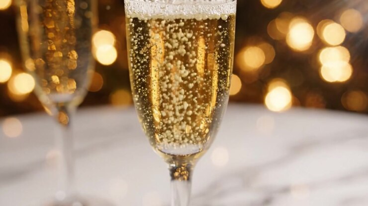 Calici di champagne celebrativi riempiti con una bevanda dorata frizzante e spumeggiante, che riflettono perfettamente la luce e creano un'atmosfera festosa per occasioni speciali.