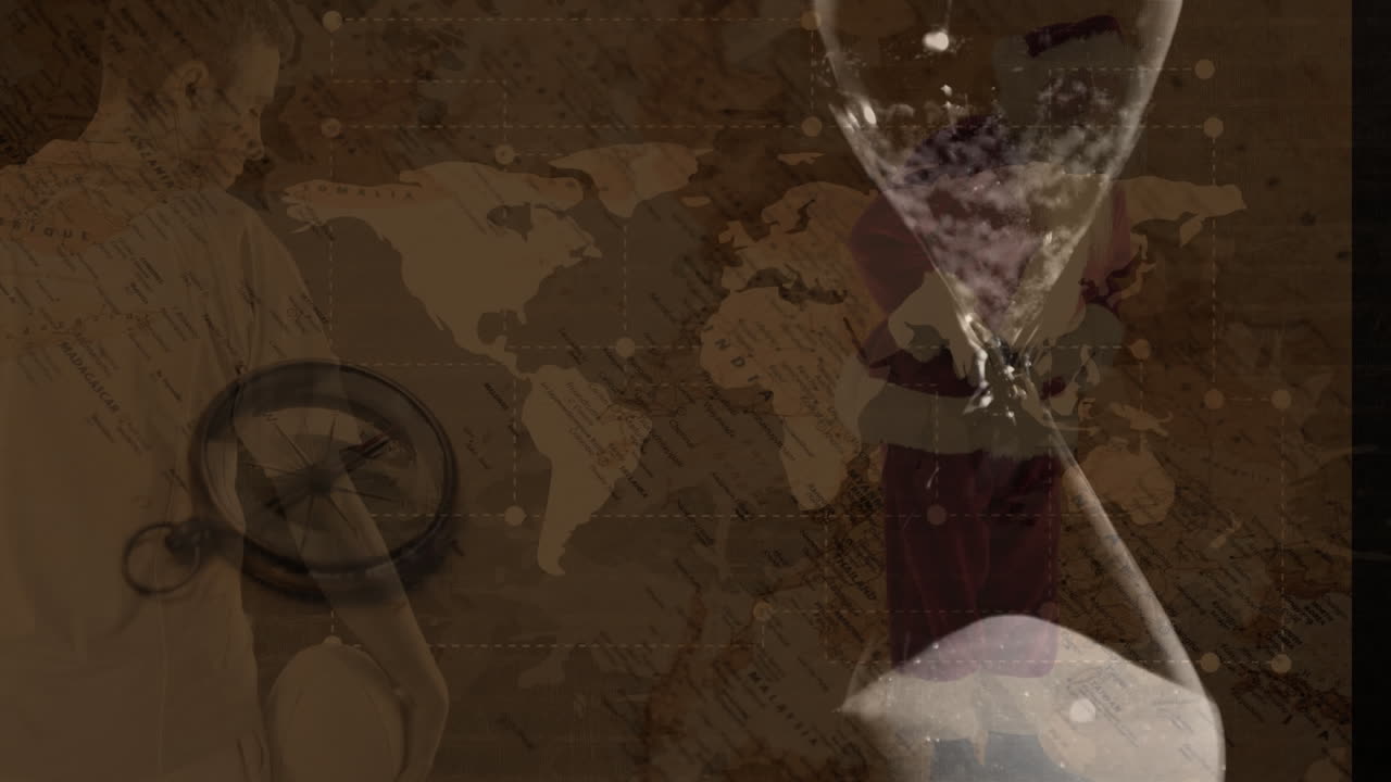 세계 지도의 애니메이션, 나침반과 백인 남자가 모래시계 위에