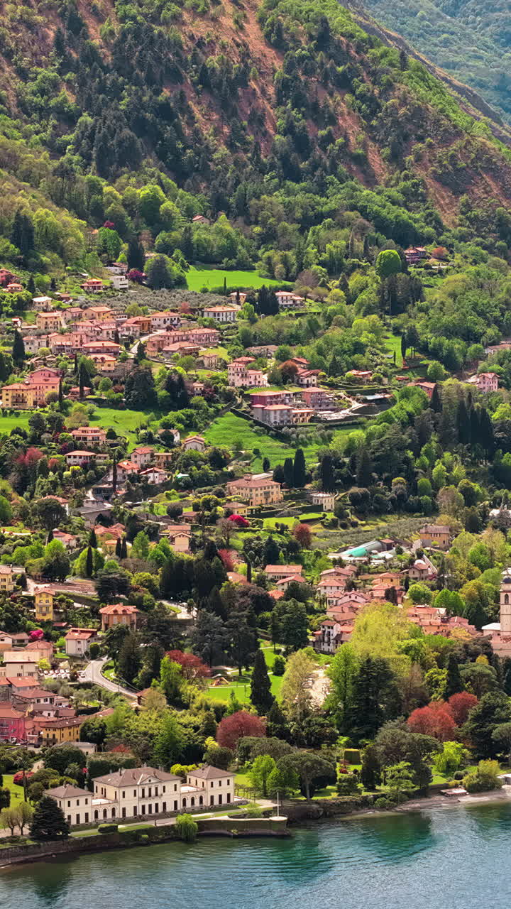 Aerial drone view of the village Bellagio near Lake Como, Italy. Vertical