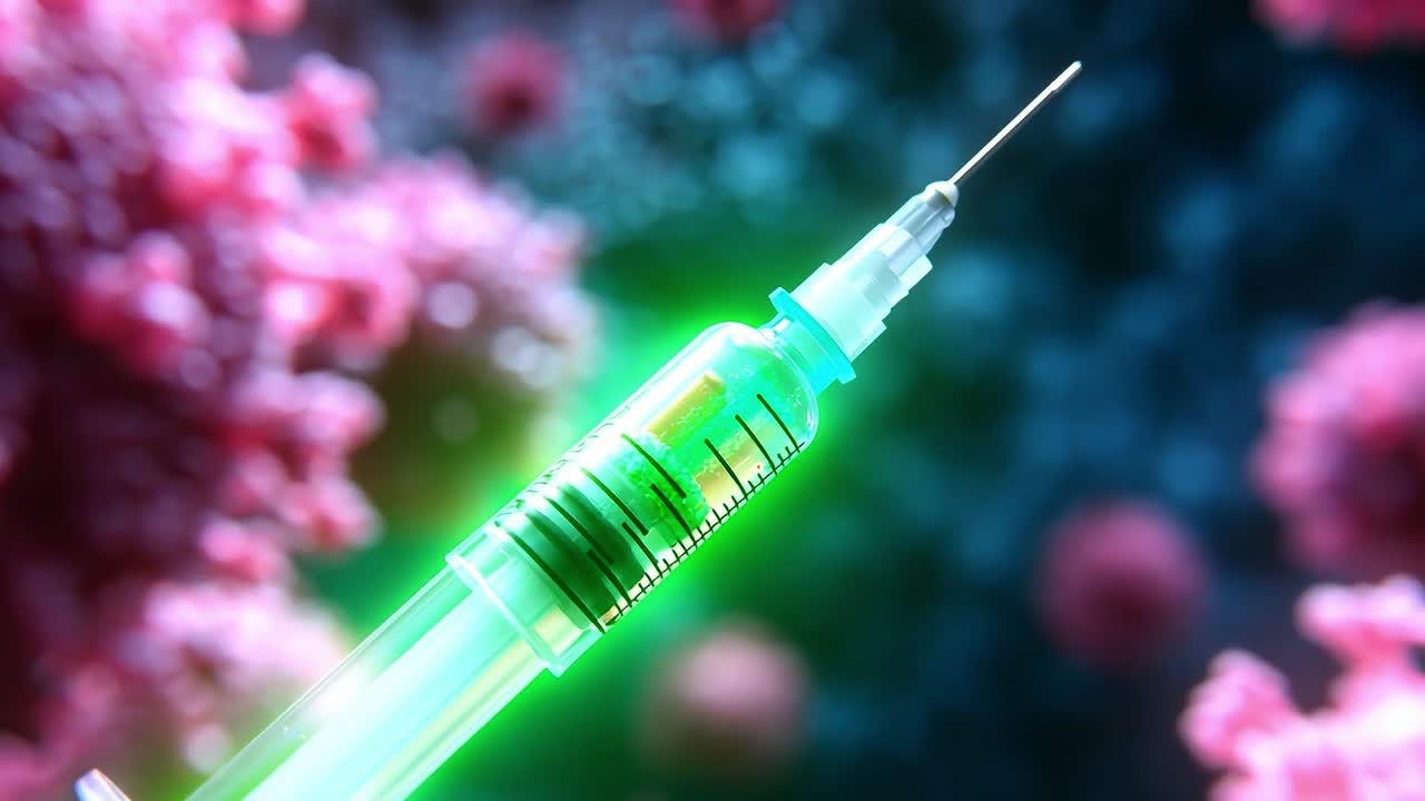 Syringe on disease backdrop. A close-up of a vaccine syringe lit up against a vibrant, abstract microbiological backdrop.